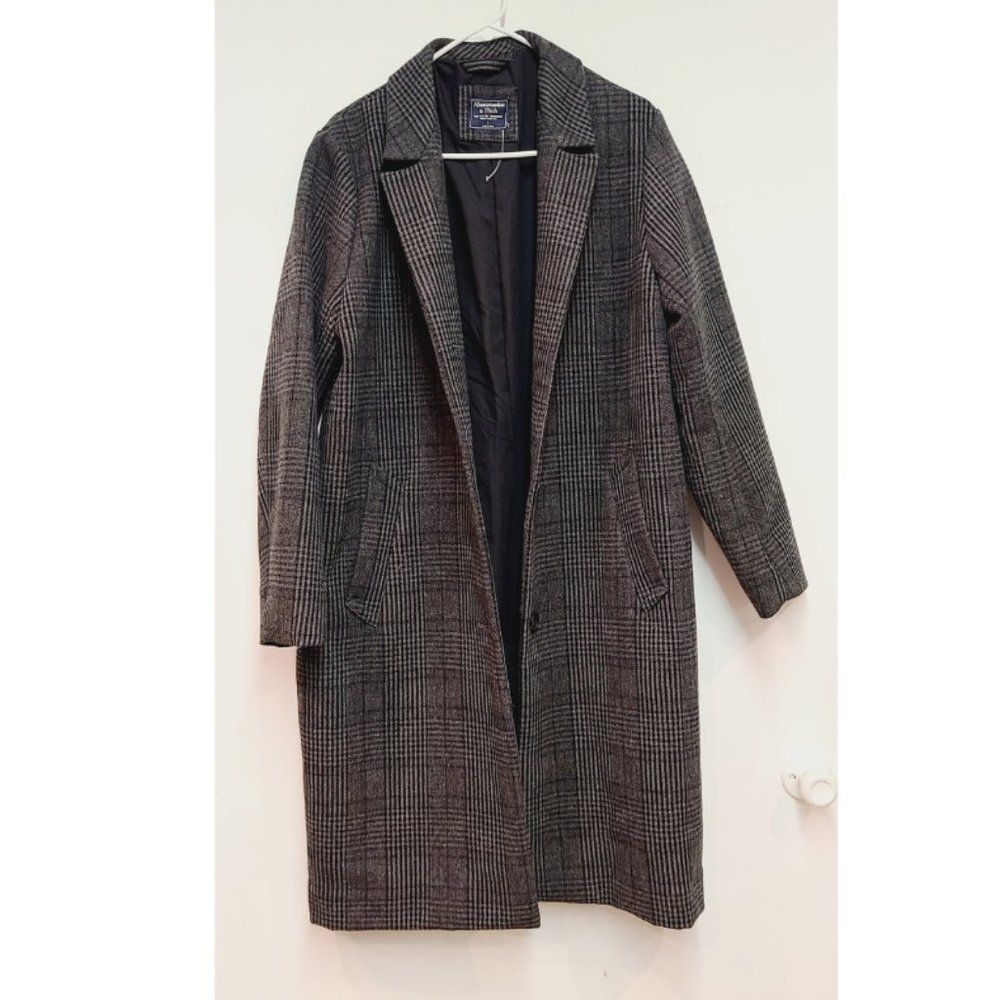 Abercrombie & Fitch Wool Blend Topcoat Grey & Black Plaid Sz L